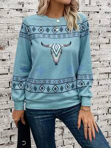 SHEIN LUNE 幾何&公牛圖案運動衫 - 淺藍色 - 查看 6