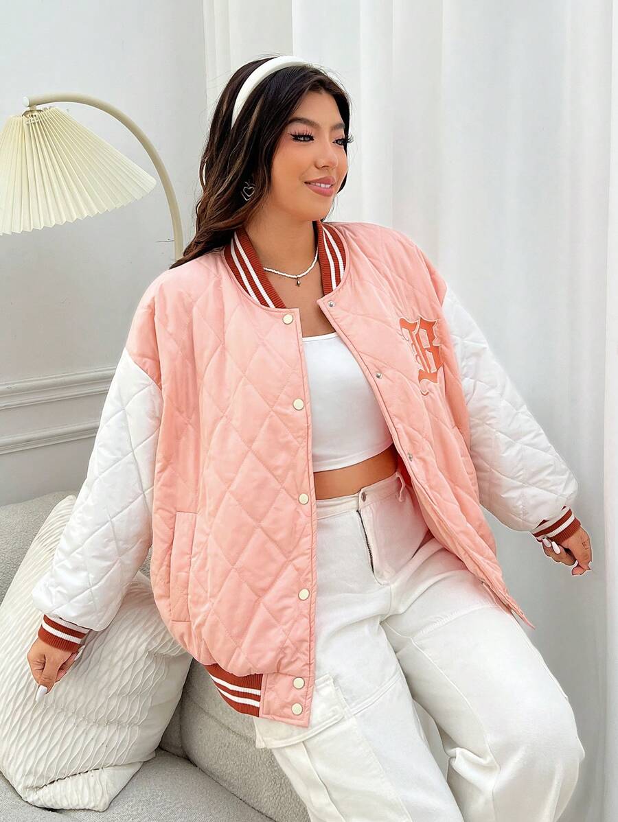 SHEIN EZwear Plus Size Color Block Padded Coat With Letter Embroidery - Pink - View 1