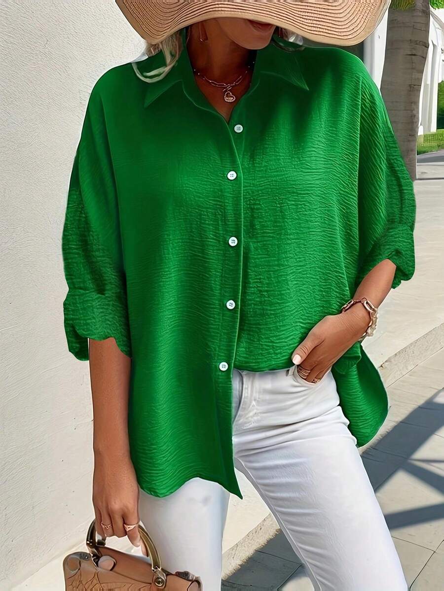Plus Batwing Long Sleeve Shirt - Green - View 1