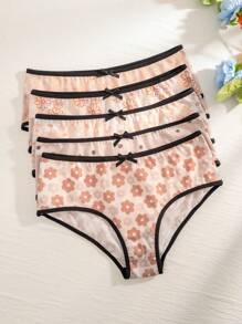 5pcs/Set Ladies' Floral Printed Briefs With Lace Trim - Multicolor - View 1