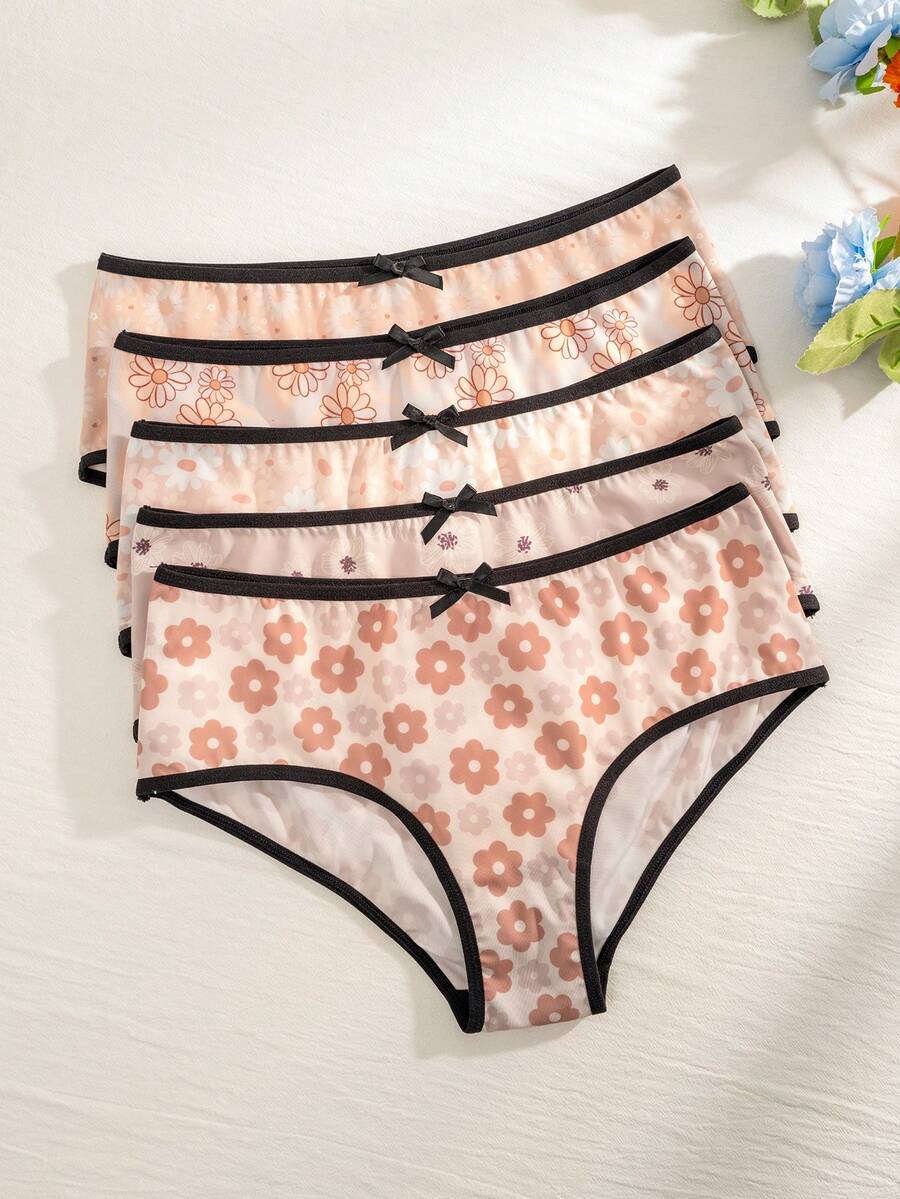 5pcs/Set Ladies' Floral Printed Briefs With Lace Trim - Multicolor - View 1