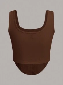 SHEIN EZwear Women's Chambray Detail Tank Top - Brown - View 2