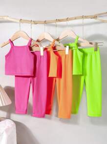3 Piezas/set Conjunto De Tanque De Punto Acanalado Y Leggings Para Niñas De Bebé - Multicolor - Ver 2