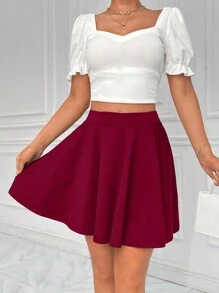 SHEIN Essnce 女士褶皺迷你裙 - 酒紅色 - 查看 3