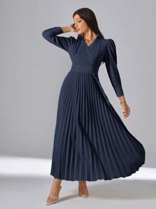 SHEIN Privé Women's Turn Down Collar Pleated Hem Dress - Navy Blue - View 5