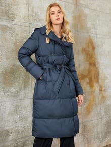 女式撞色连帽长款棉服大衣 - 霧霾藍 - 查看 4