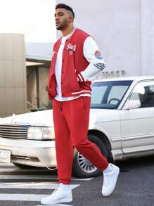 Manfinity Hypemode 2 Piezas/set Traje De Chaqueta De Béisbol Con Estampado De Letras Y Pantalones De Chándal Para Hombres Con Tallas Grandes