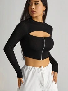 SHEIN Privé Women's Short Cut-Out Front T-Shirt - Black - View 1