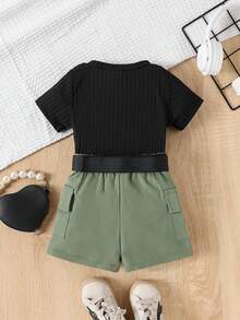 寶寶女孩肋紋愛心刺繡短袖T恤和購物短褲套裝，夏季 - 彩色 - 查看 2