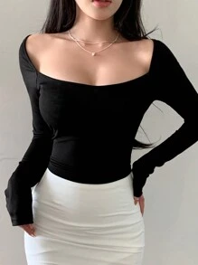 DAZY Women's Slim Fit Ribbed T-Shirt Going Out Tops,Fall Clothes,Back To School Clothes Long Sleeve Women Tops - Black - View 3