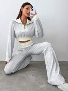 SHEIN Unity Thể thao Phong cách Dây kéo Áo nỉ Với Lớn Vòng cổ 2 cái/bộ - Xám - Xem 1