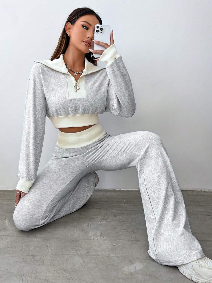 SHEIN Unity Thể thao Phong cách Dây kéo Áo nỉ Với Lớn Vòng cổ 2 cái/bộ - Xám - Xem 1