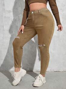 SHEIN EZwear 大尺碼破洞修身牛仔褲 - 卡其色 - 查看 4