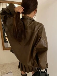 Women's Casual Loose Fit Drop Shoulder Long Sleeve Brown PU Jacket, Suitable For Spring And Autumn