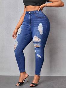 SHEIN SXY 大尺碼女款修身破洞牛仔褲 - 藍色 - 查看 3