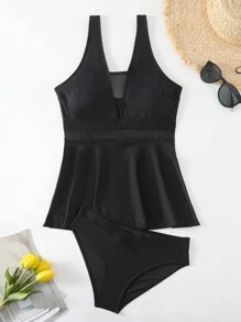 SHEIN Swim Women's Mesh Contrast Cami Bikini Set, Mature Charm Style Music Festival Summer - Black - View 1