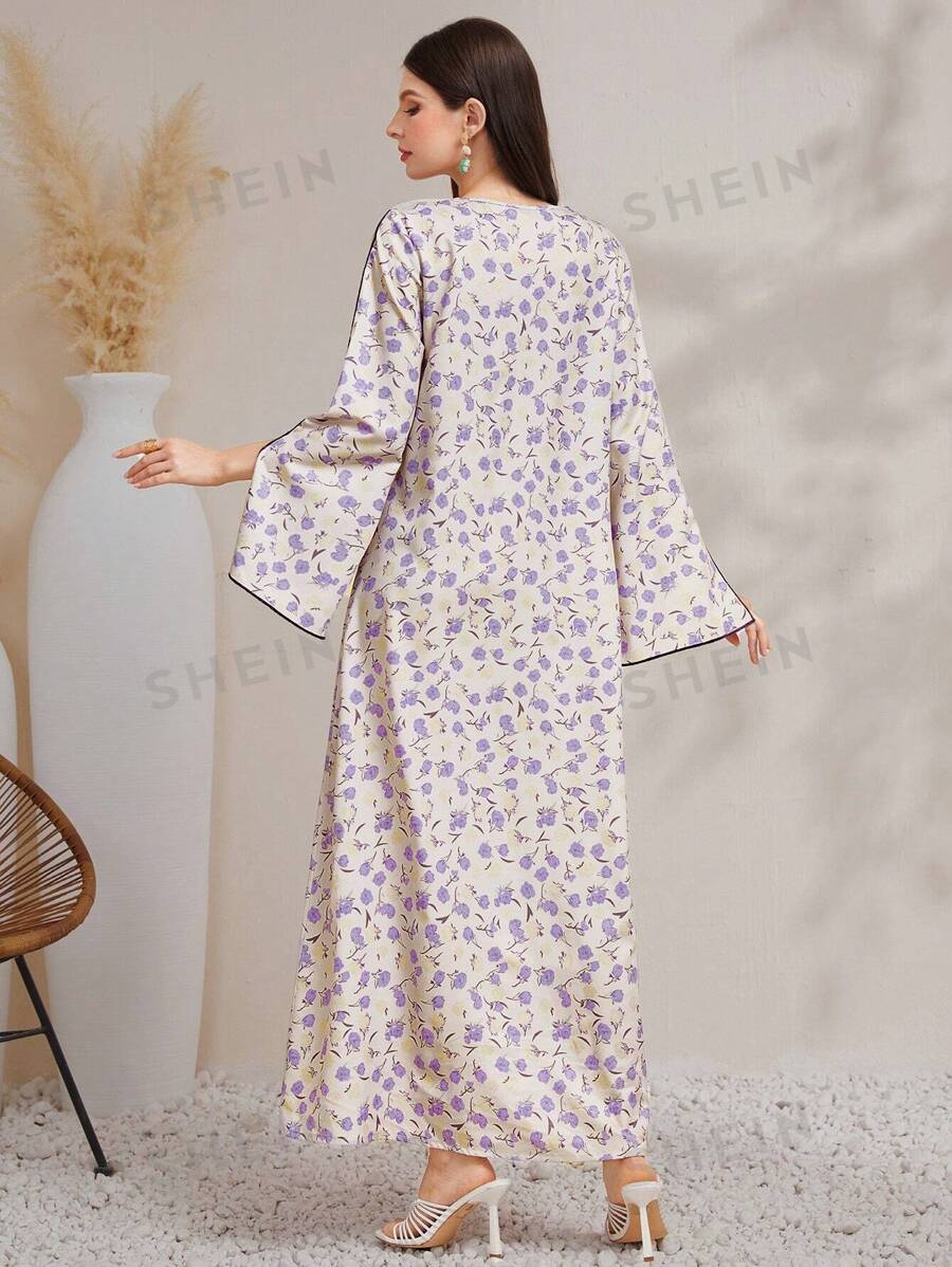 SHEIN Najma Robe d?�contract?�e arabe ?� col en V et manches fendue pour femme, Jalabiya longue 