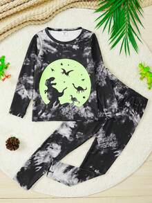 男童卡通印花長袖上衣和長褲舒適貼身睡衣套裝 - 黑色 - 查看 3