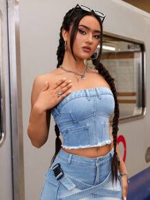 SHEIN ICON Strapless Water Washed Denim Top