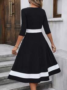 SHEIN Clasi Contrast Trim Notched Neckline Dress - Black and White - View 2