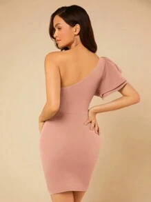 SHEIN Belle Double Layered Ruffle Sleeve Slim Fit Bodycon Dress - Dusty Pink - View 2