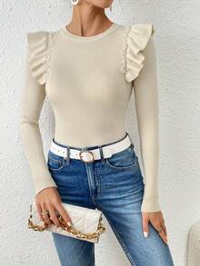 SHEIN Privé Suéter Tipo Jersey De Punto Acanalado Con Cuello Redondo Y Mangas Con Volantes Para Mujer - Albaricoque - Ver 4