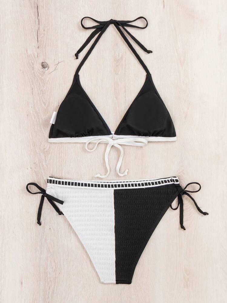 Summer Colorblock Triangle Halter Top And Drawstring Side Triangle Bottom Bikini Swimwear Music Festival