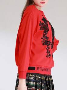 Women's Simple, Fashionable, Comfortable Velvet Lace Patchwork Round Neck Long Sleeve Sweatshirt - Multicolor - View 5