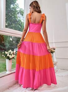 SHEIN VCAY Women's Color-Block Spaghetti Strap Shirred Dress For Summer Holiday And Date Night - Pink - View 2