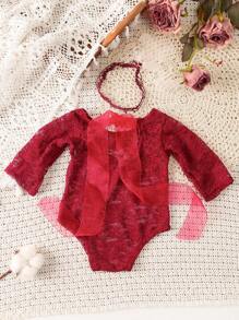 Newborn Baby Girls' Lace Romper With Headband Photography Set - Red - View 6