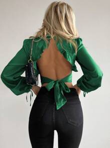 SHEIN Privé 綁帶無背心襯衫,褶邊下擺 - 墨綠色 - 查看 1