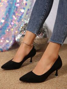 春秋新款韩版简约黑色天鹅绒高跟鞋尖头细跟优雅低跟 - 黑色 - 查看 2