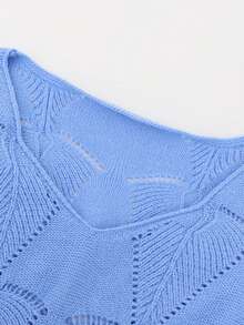 大码女式休闲纯色镂空针织毛衣 - 寶藍色 - 查看 3