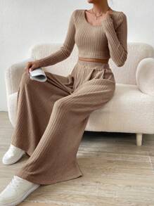 Almamuse Women's Crop Top And Loose Pants Set With Ribbed Design Fall Cloth For Women - Brown - View 3