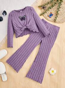 SHEIN Leap Crew Young Girl Butterfly Embroidery Round Neck Short Sleeve Top And Bell-Bottoms Set