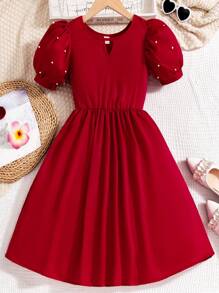 Vestido Rojo Vintage De Manga Corta Con Cuentas Para Niñas Preadolescentes - Rojo - Ver 1