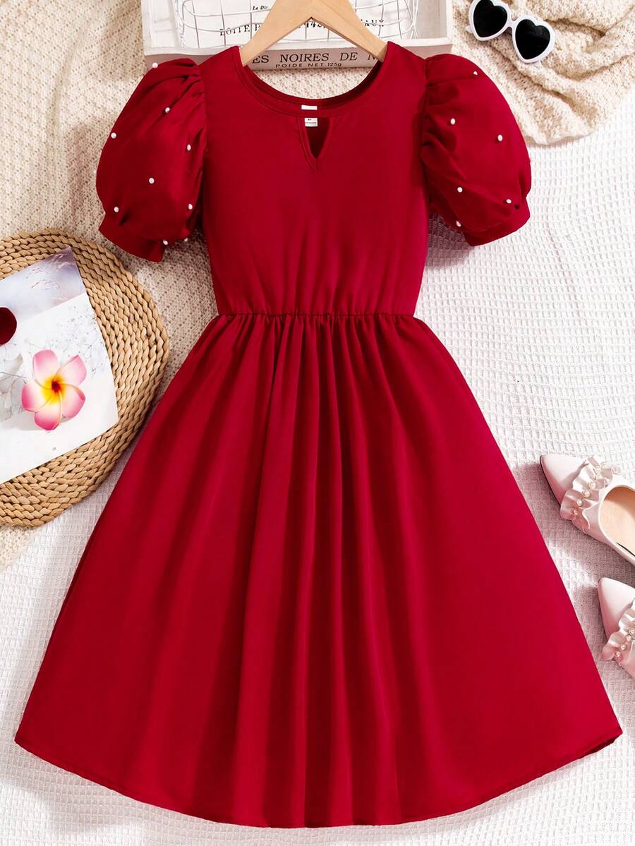 Vestido Rojo Vintage De Manga Corta Con Cuentas Para Niñas Preadolescentes - Rojo - Ver 1