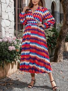 SHEIN Clasi 大尺碼拼色人字骨和花卉印花洋裝 - 彩色 - 查看 1