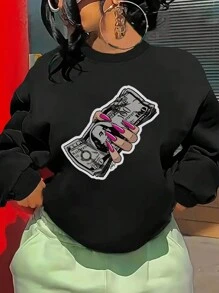 SHEIN EZwear Patterned Printed Warm Lined Crewneck Sweatshirt - Black - View 1