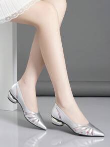 Women's Chunky Heel Pointed Toe Pumps With Floral And Rhinestone Mesh Decor, Mid-Heel,Elegant - Silver - View 2