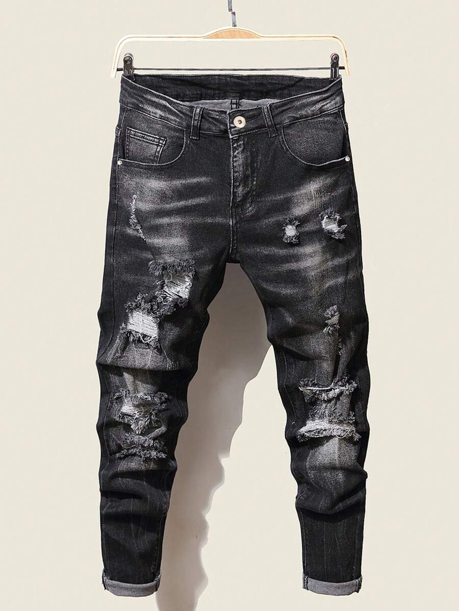 Manfinity Homme Men's Plus Size Water Wash Distressed Slim Fit Long Ripped Frayed Jean Cargo Dark Grey,Autumn Grunge Evening Emo Style Street Wear Vacation Commute - Black - View 1