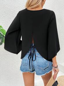 SHEIN Clasi Women's Backless Knot Detail 3/4 Sleeve Shirt - Black - View 1