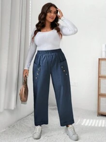 SHEIN LUNE 大尺碼女性彈性腰筒直筒褲 - 藏蓝色 - 查看 6