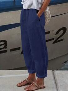 Linhara 大尺碼純色休閒褲 - 藍色 - 查看 1