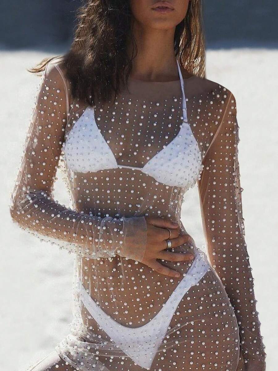 女式重珠串珠透视性感长袖连衣裙