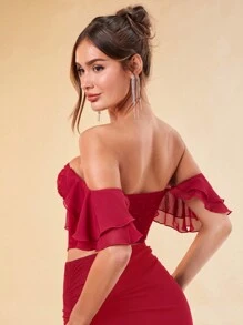 SHEIN BAE Hẹn hò ngày lễ tình nhân lãng mạn dành cho phụ nữ Áo trễ vai chấm bi gợi cảm có viền xếp nếp - Đỏ - Xem 2
