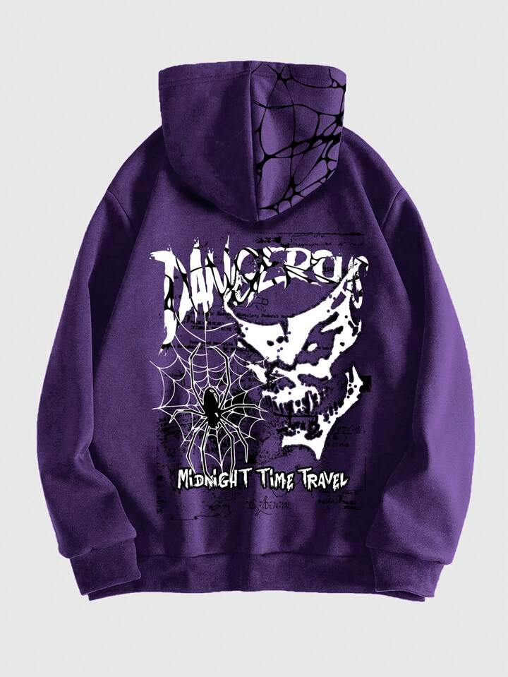 Our Grunge Punk Men's Spider Printed Long Sleeve Hoodie For