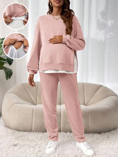 SHEIN 孕妇落肩二合一哺乳长袖运动衫和可调节腰围裤子两件套