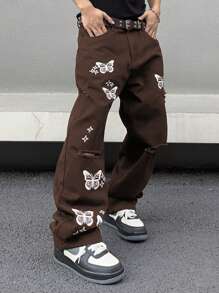 Manfinity EMRG Men's Butterfly Print Ripped Jeans - Coffee Brown - View 5