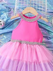 SHEIN Glamorique Kids 年輕女孩編織緞Ribbon拼接漸層網紗拼接裙 - 玫紅色 - 查看 3